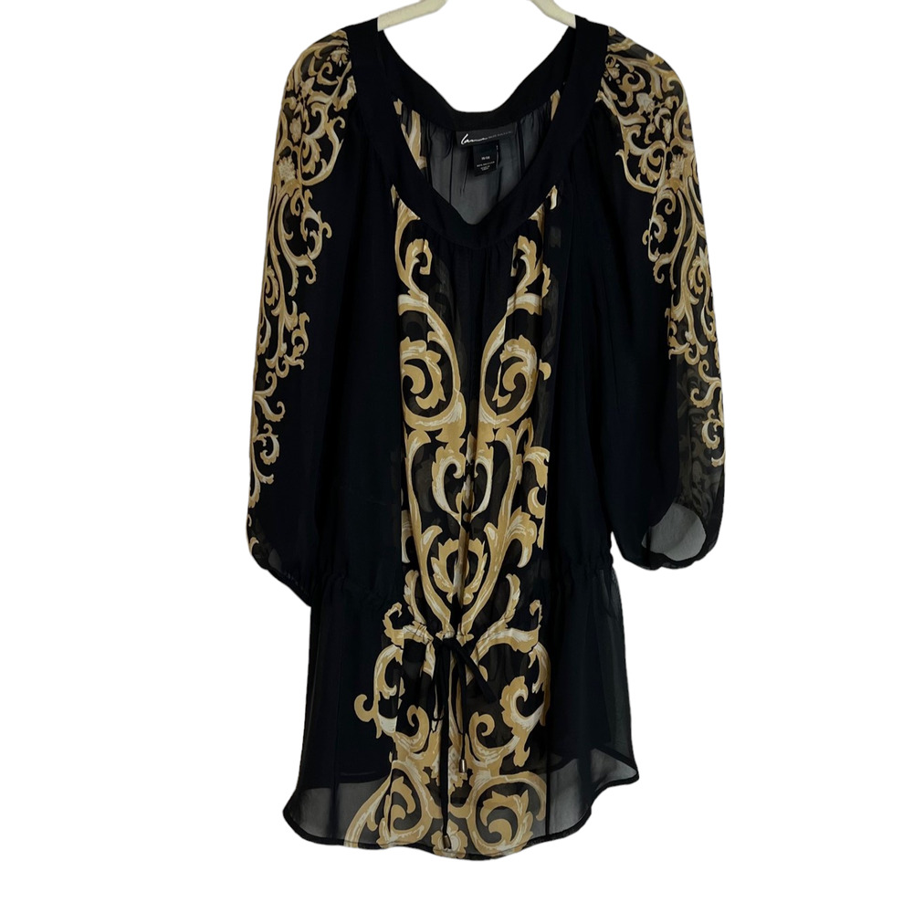 Lane Bryant Womens Sheer Blouse Size 18/20 Black Gold Peplum Hem Waist Tie